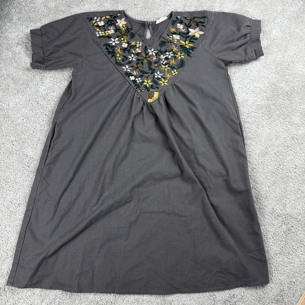 Hidden Alley Womens Peasant Dress Gray Embroidered Floral Boho Whimsigoth Size S